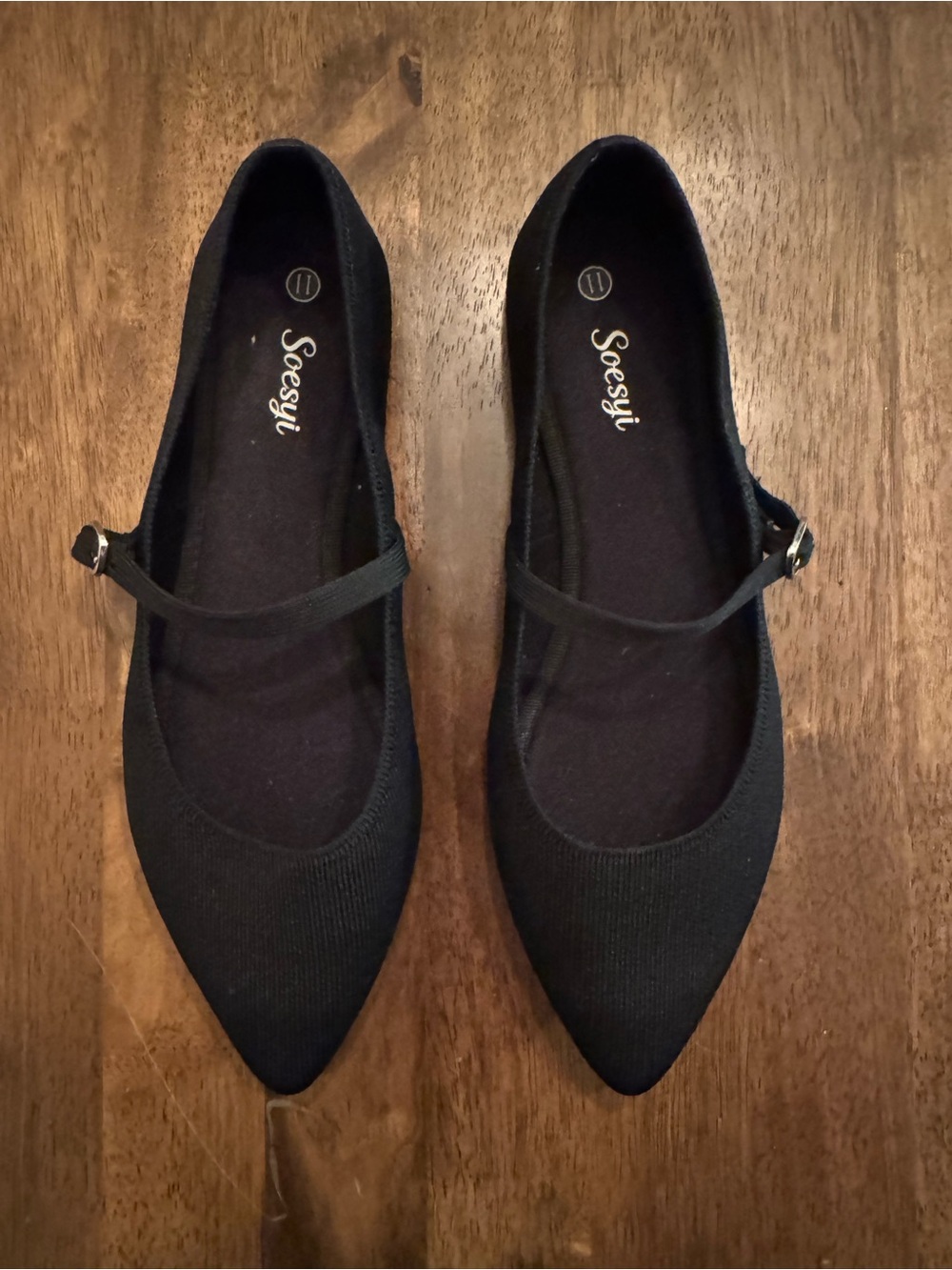 Black Pointed Toe Mary Jane Flats with Adjustable Strap - Flexible Fabric